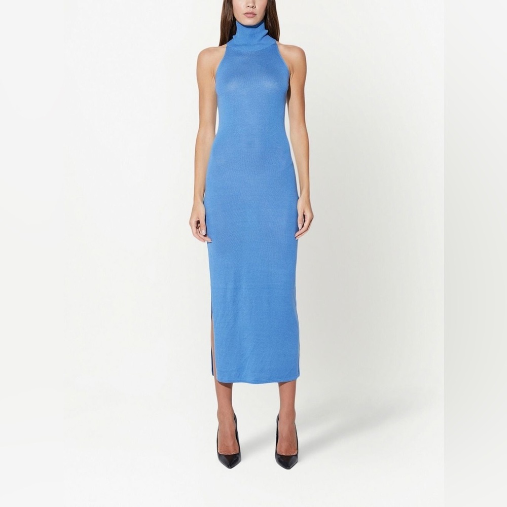 NEW RTA Shira Silk Midi Blue Sheer Knit Mock Neck Side Slit Minimalist Dress XXS